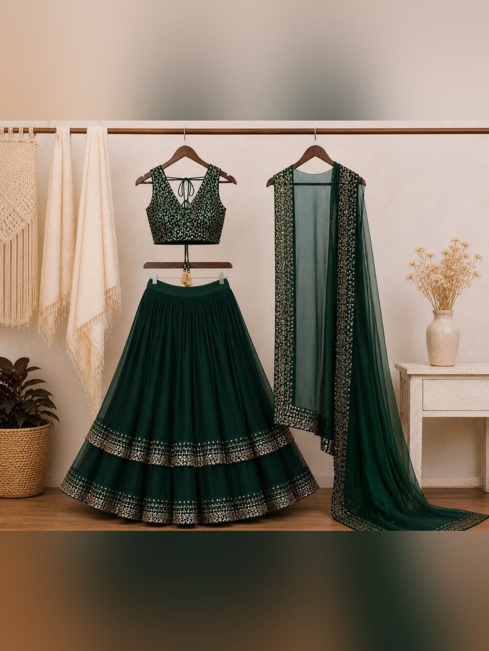 Green Gorgette With Sequined Work Lehenga Choli - Picture 3 of 8